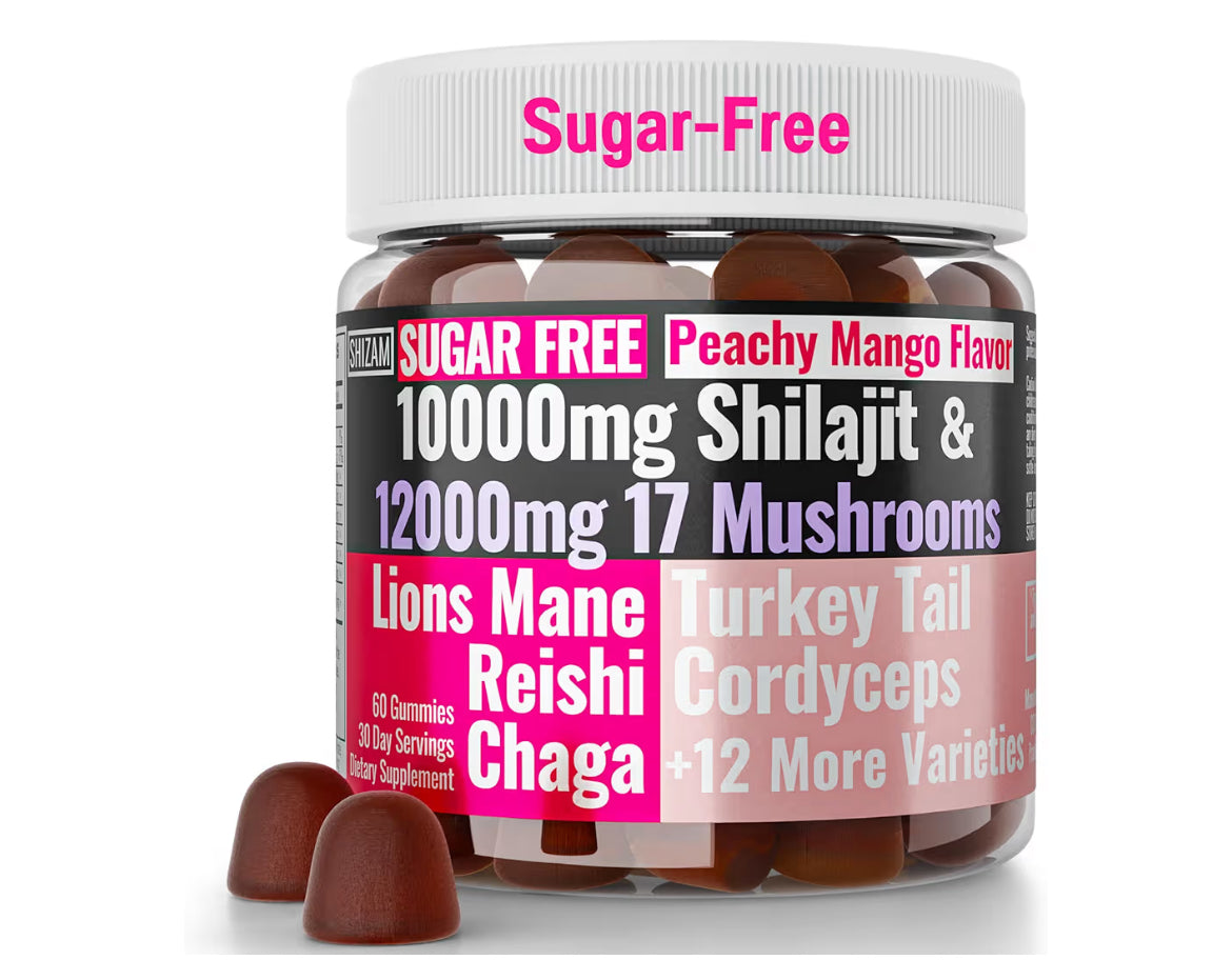 Shilajit + 17 Mushroom Complex Gummies 🍄 | 22,000mg All-in-One Energy & Immunity Booster 💪 | Sugar-Free Peach Mango Flavor 🍑