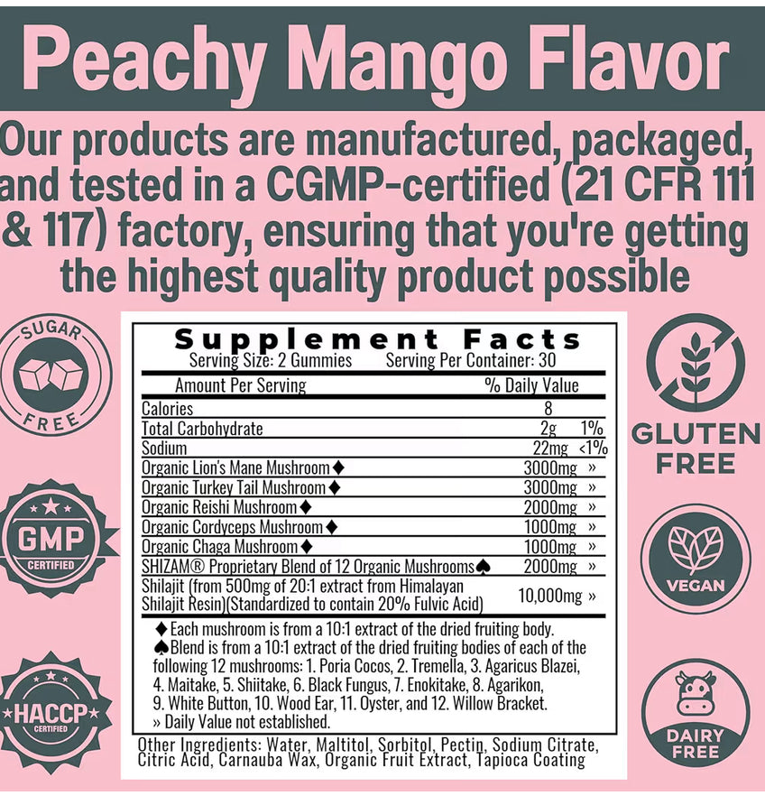 Shilajit + 17 Mushroom Complex Gummies 🍄 | 22,000mg All-in-One Energy & Immunity Booster 💪 | Sugar-Free Peach Mango Flavor 🍑