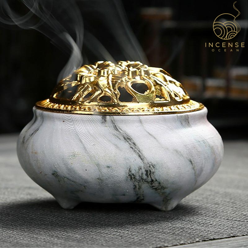 Marble Coil Censer Incense Burner Copper Cover Ceramic